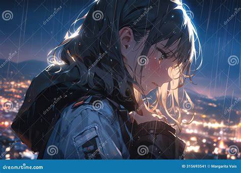 Chica anime triste con trenzas bajo cielo nocturno