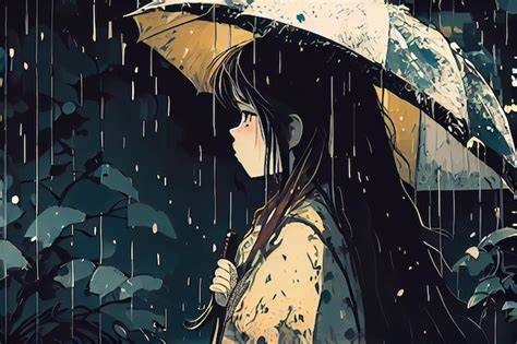 Chica anime con trenzas bajo la lluvia
