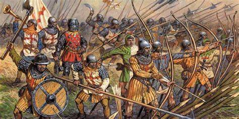 Batalla medieval de Crécy con arqueros ingleses