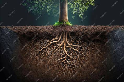 Raíces de árbol en suelo capilar húmedo